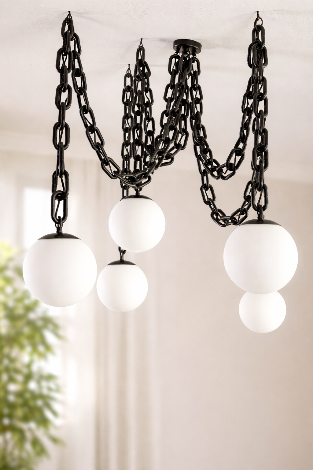 Customize: Swag Chandelier - Thick Black Chain with White Globe Shades