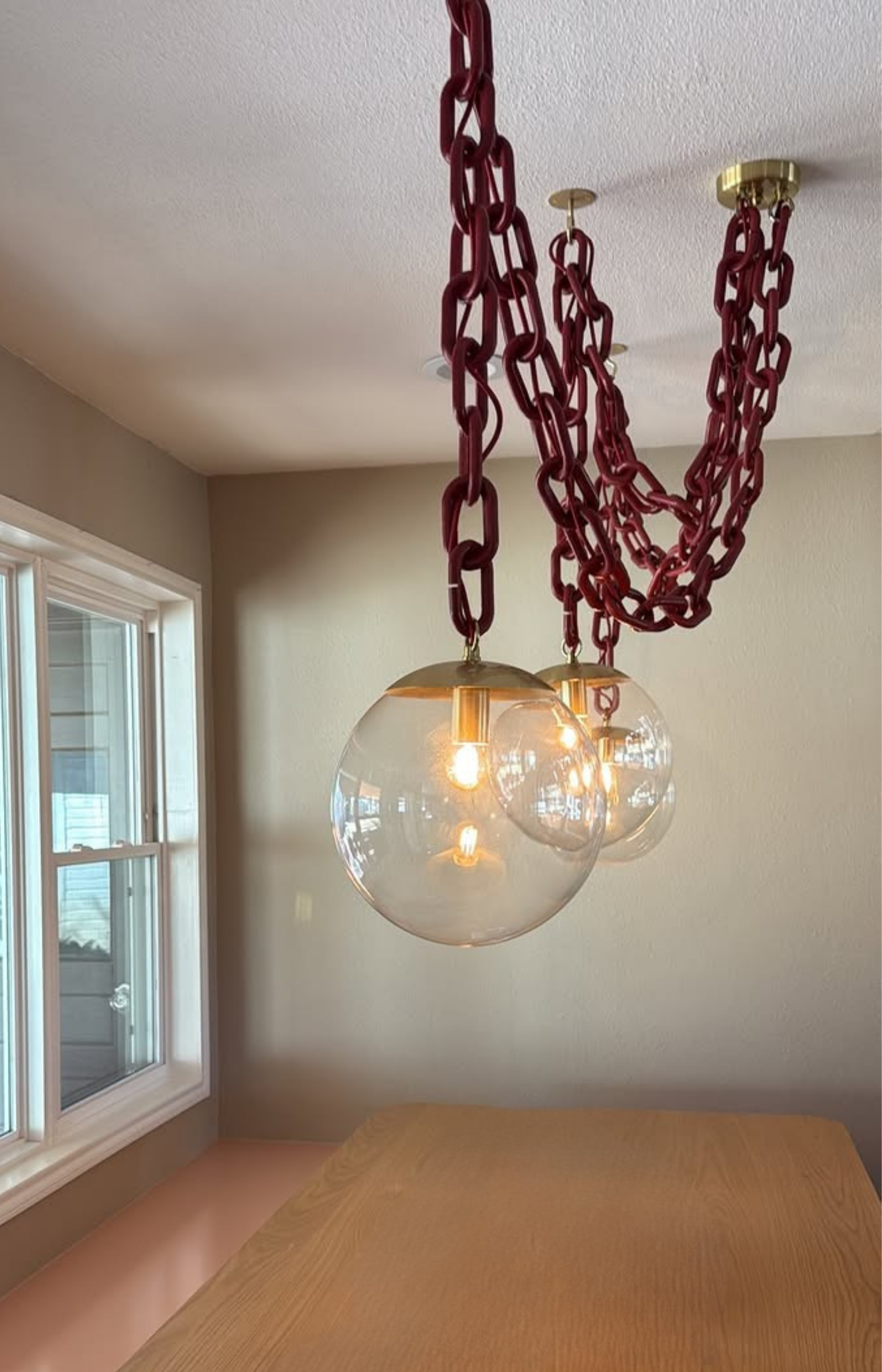 3 Pendant Thick Crimson Chain Swag - Brass, 12" Glass Globes