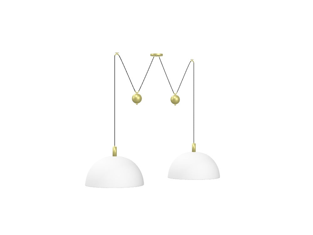 White Dome 2-Pendant Counterbalance Light with Brass Pulley Weight