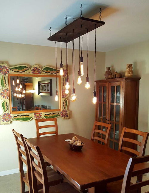 10 Pendant Wood Chandelier with Antique Mix Bulbs  light fixture