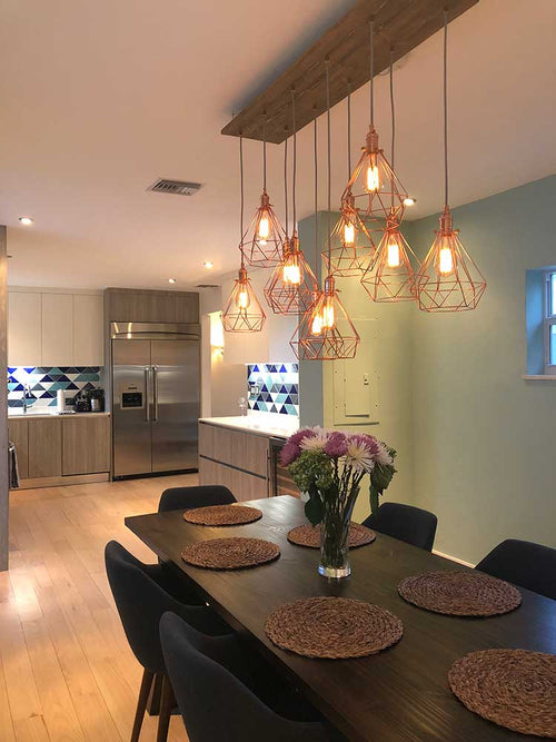 10 Pendant Wood Chandelier with Copper Diamond Cages  light fixture