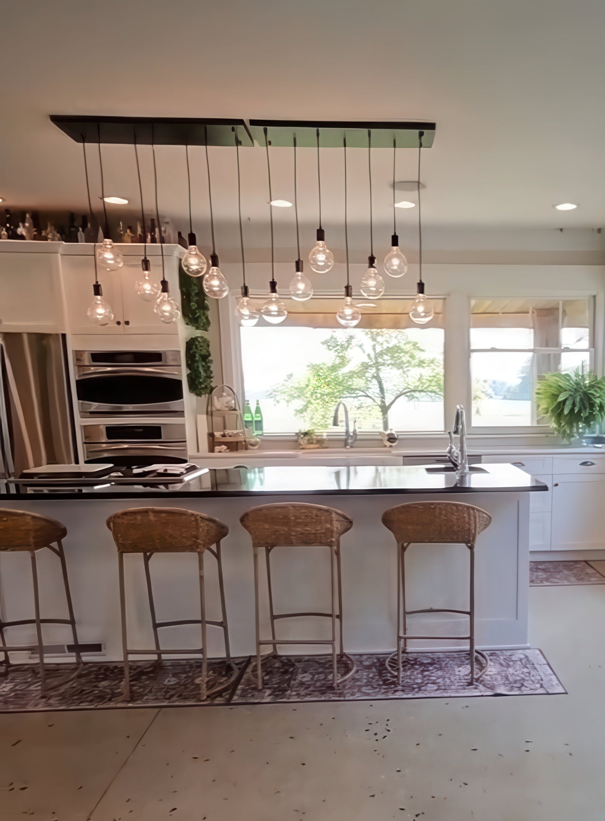 Pendant chandelier over kitchen island ceiling fixture long linear globes