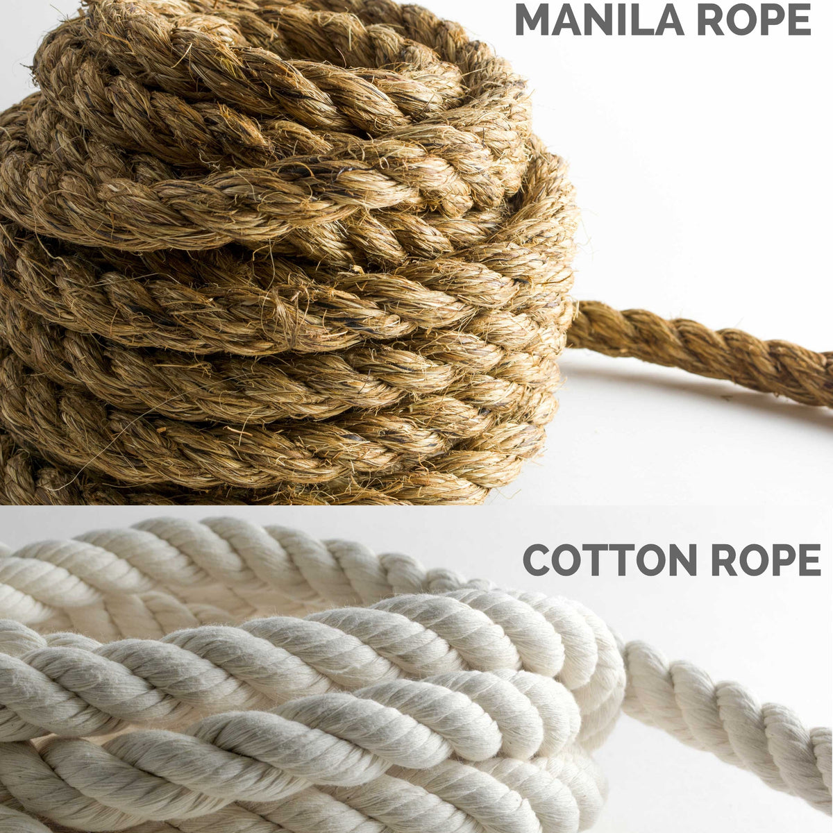 A split comparison of two types of rope: Manila Rope in natural tan/brown on the top half, and Cotton Rope in off-white on the bottom half. Both are coiled and shown with a tail extending to the right, set against a clean white background with text labels.