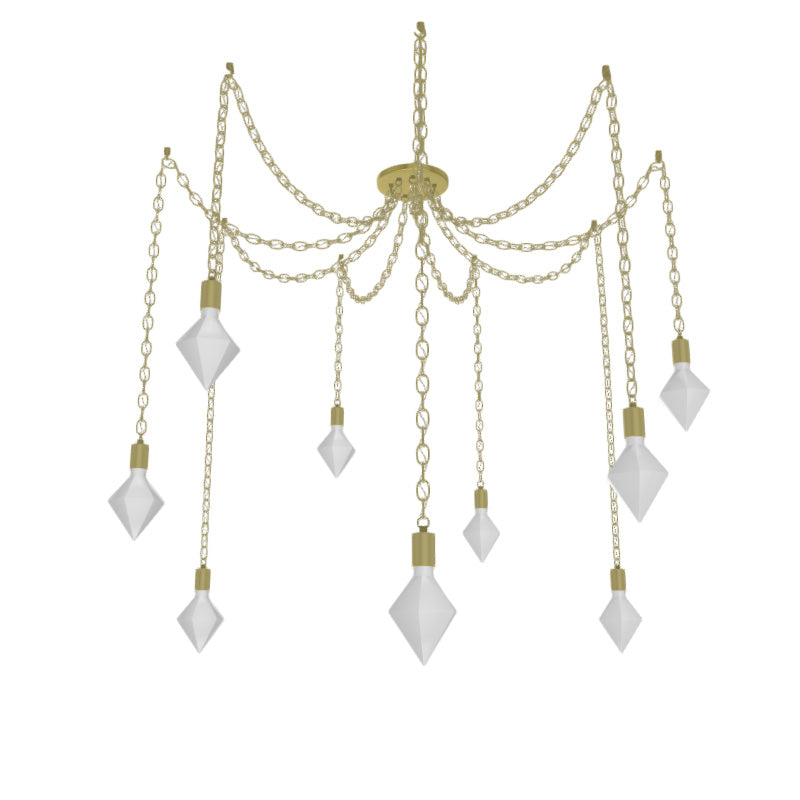 brass chain pendant chandelier with modern white diamond light bulbs