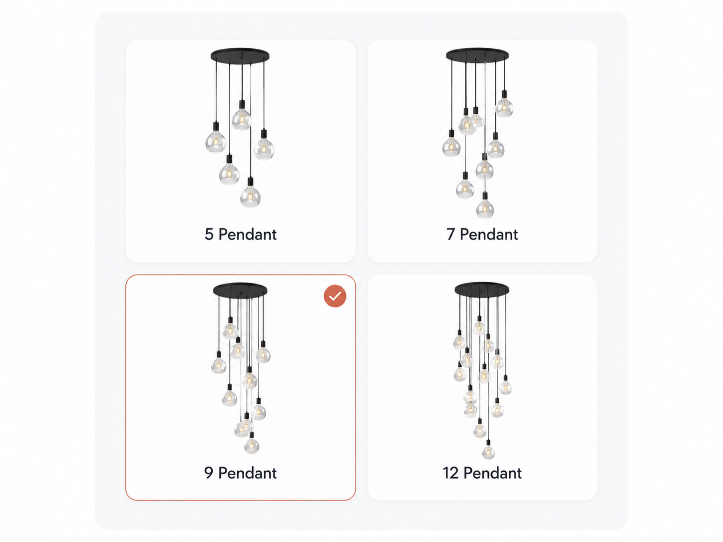 Four product variant cards showing a black multi-light pendant chandelier with different bulb counts: 5, 7, 9, and 12 pendants. The 9-pendant option is highlighted with a red border and a red check mark.