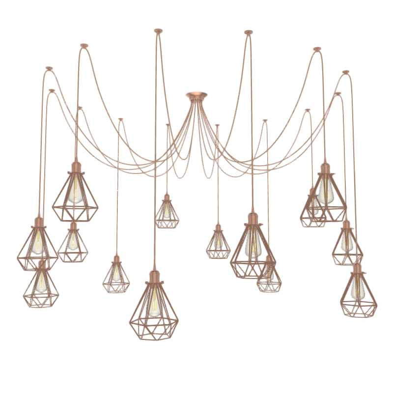 Large Copper Hanging Pendant Swag Chandelier with Diamond Cage Shades