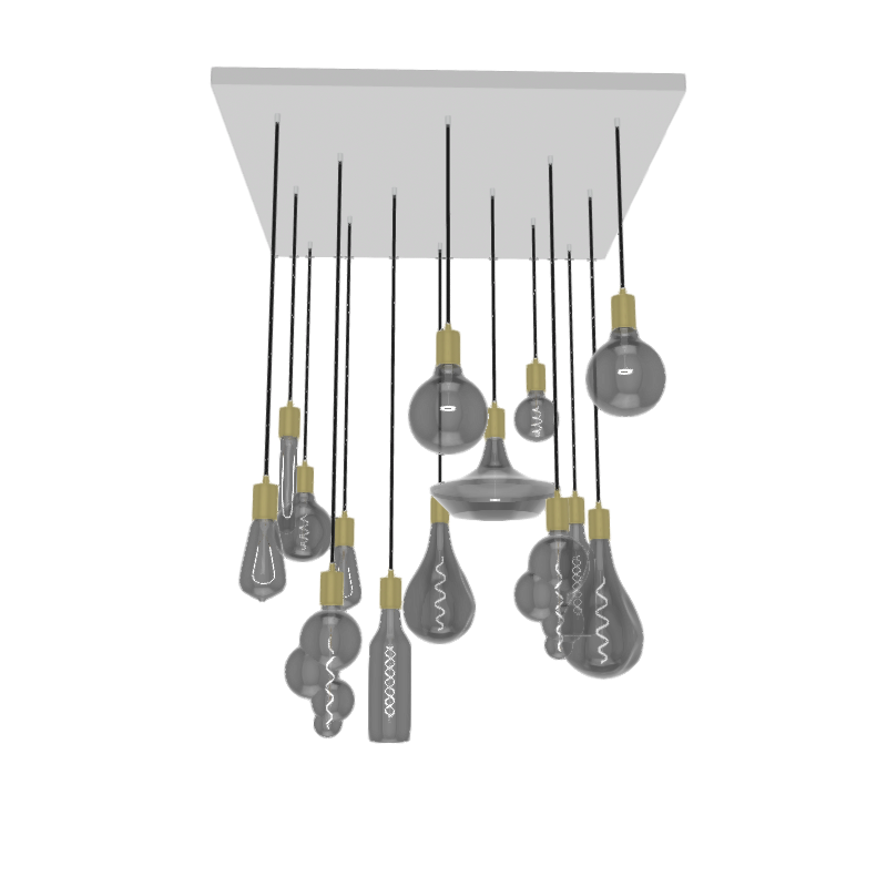 Large White Metal Base Square Pendant Light Chandelier with Oversized Smoke Bulbs