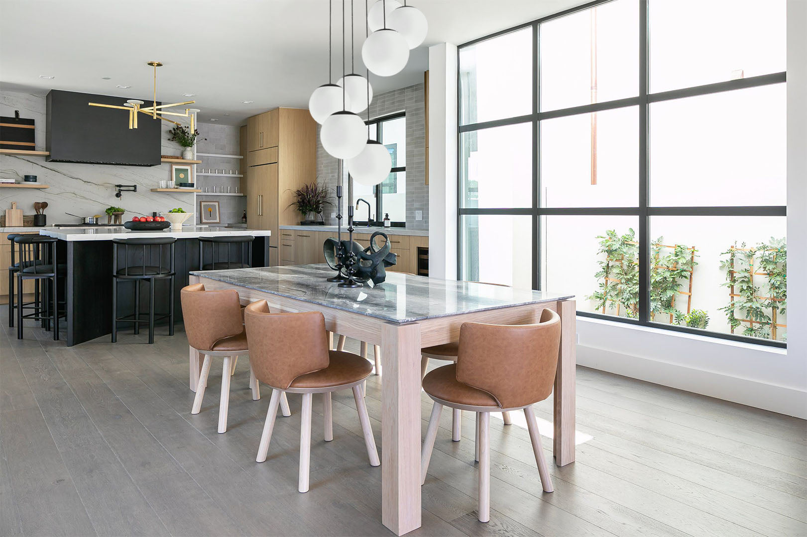 modern dining room with large white globe pendant light chandelier