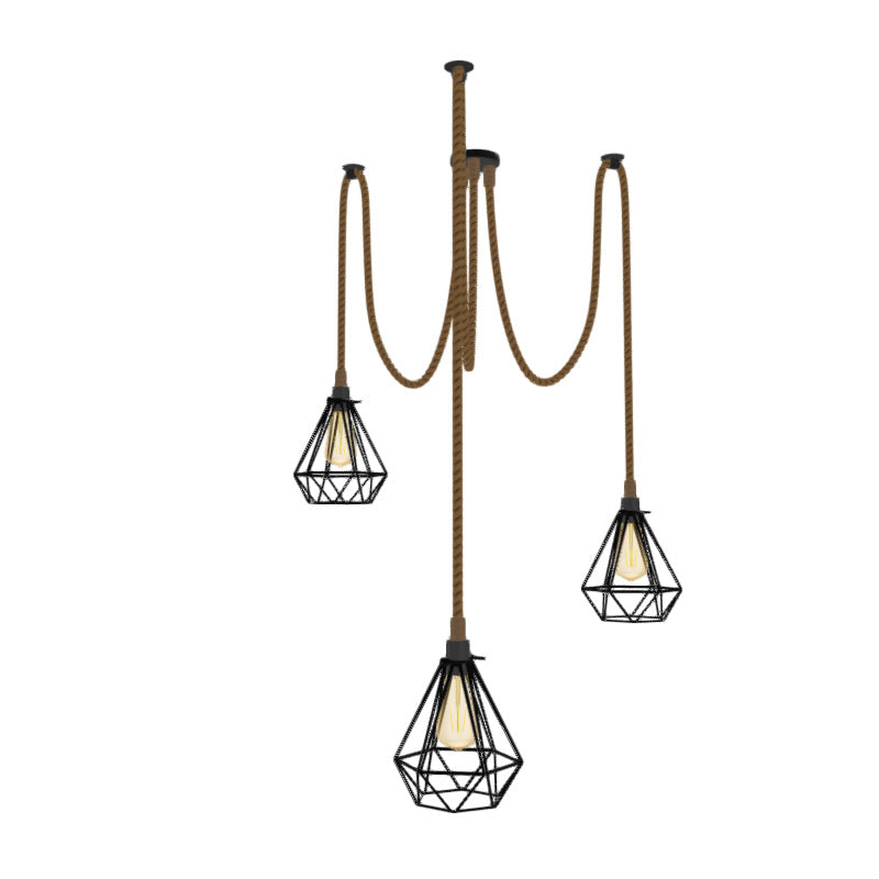 Rope Pendant Light with Black Geometric Cages and Edison Style Bulbs