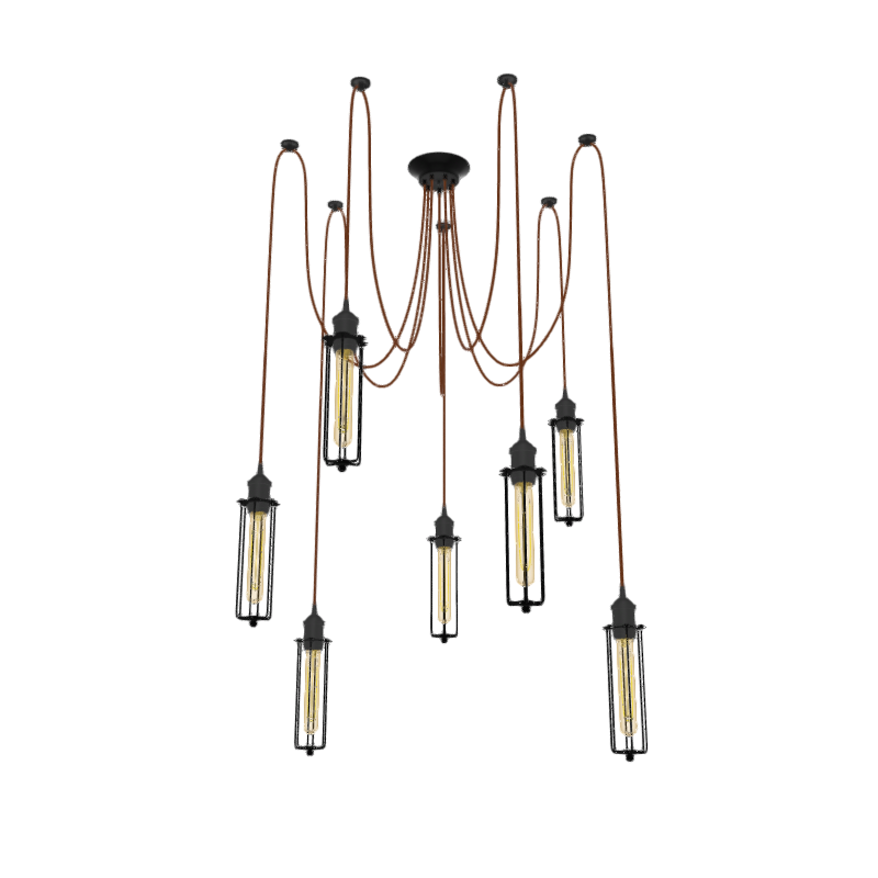 industrial swag chandelier with vintage tube cages and tube light bulbs