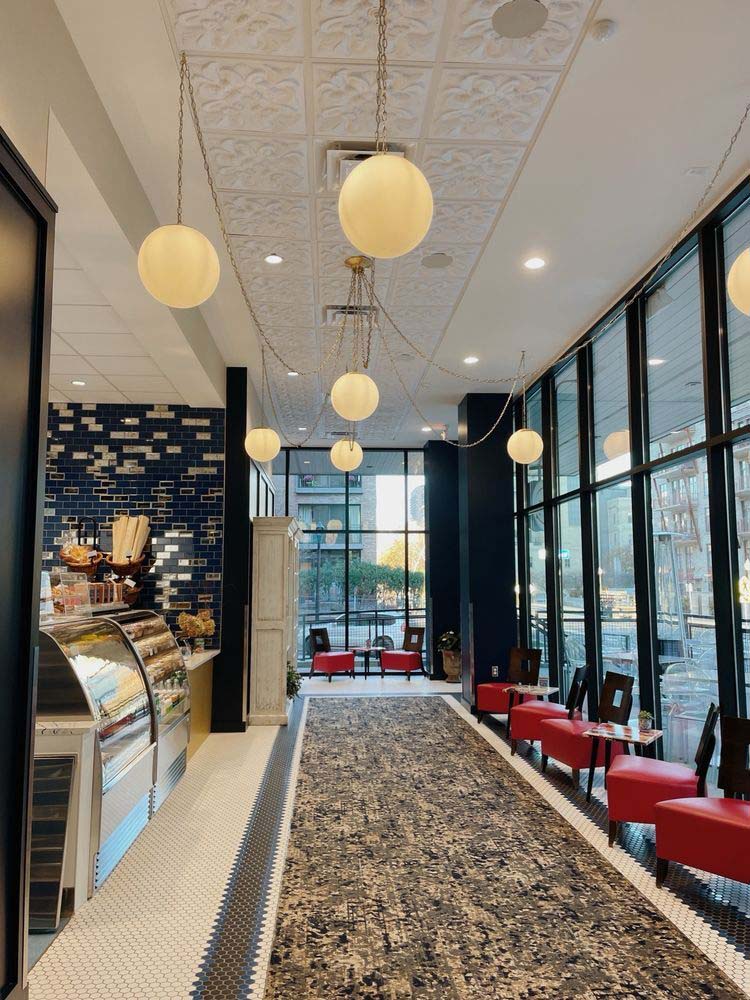 Bakery with swag pendant light chandelier brass and white