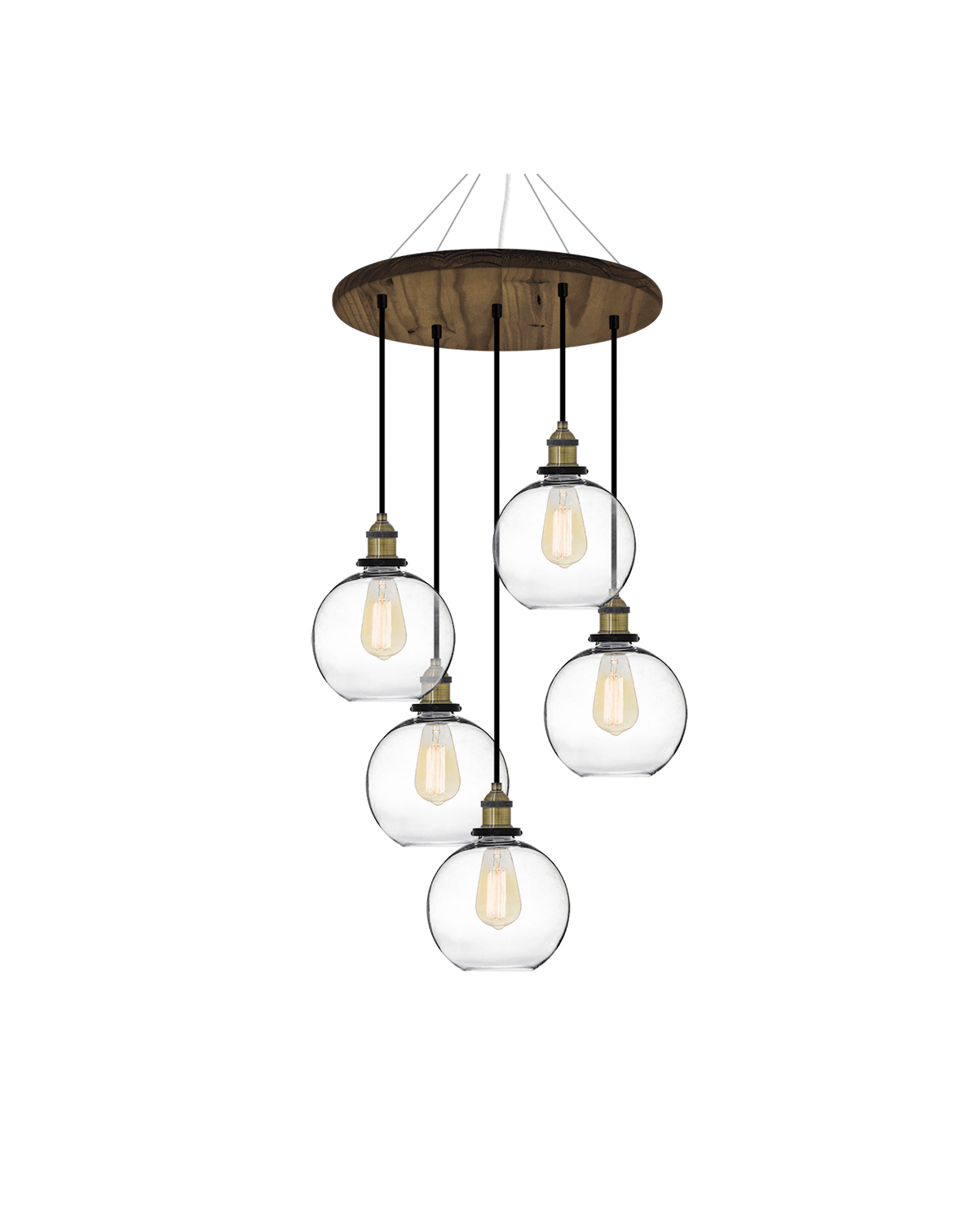 18" Round Wood Chandelier: Antique and Glass Globe Shades Hangout Lighting