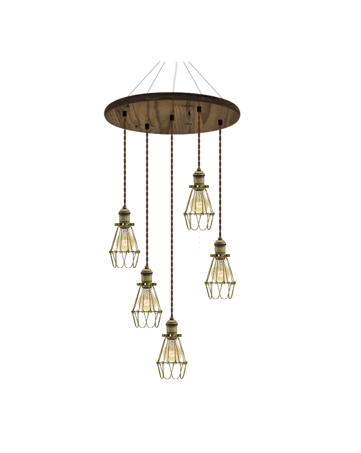 18" Round Wood Chandelier: Walnut, Brown, and Brass Cages Hangout Lighting