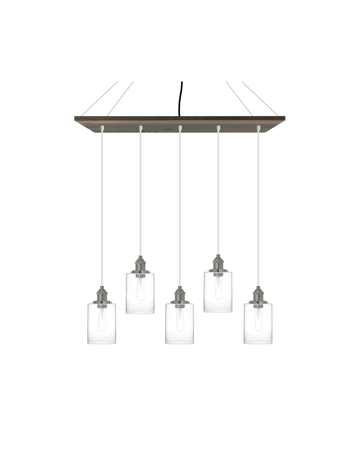 35" x 9" Wood Chandelier: Grey, White, and Glass Cylinder Shades Hangout Lighting