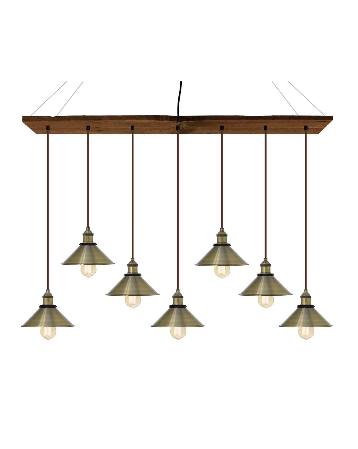 47" x 9" Reclaimed Linear Wood Chandelier: Walnut, Brown, and Antique Brass Shades Hangout Lighting