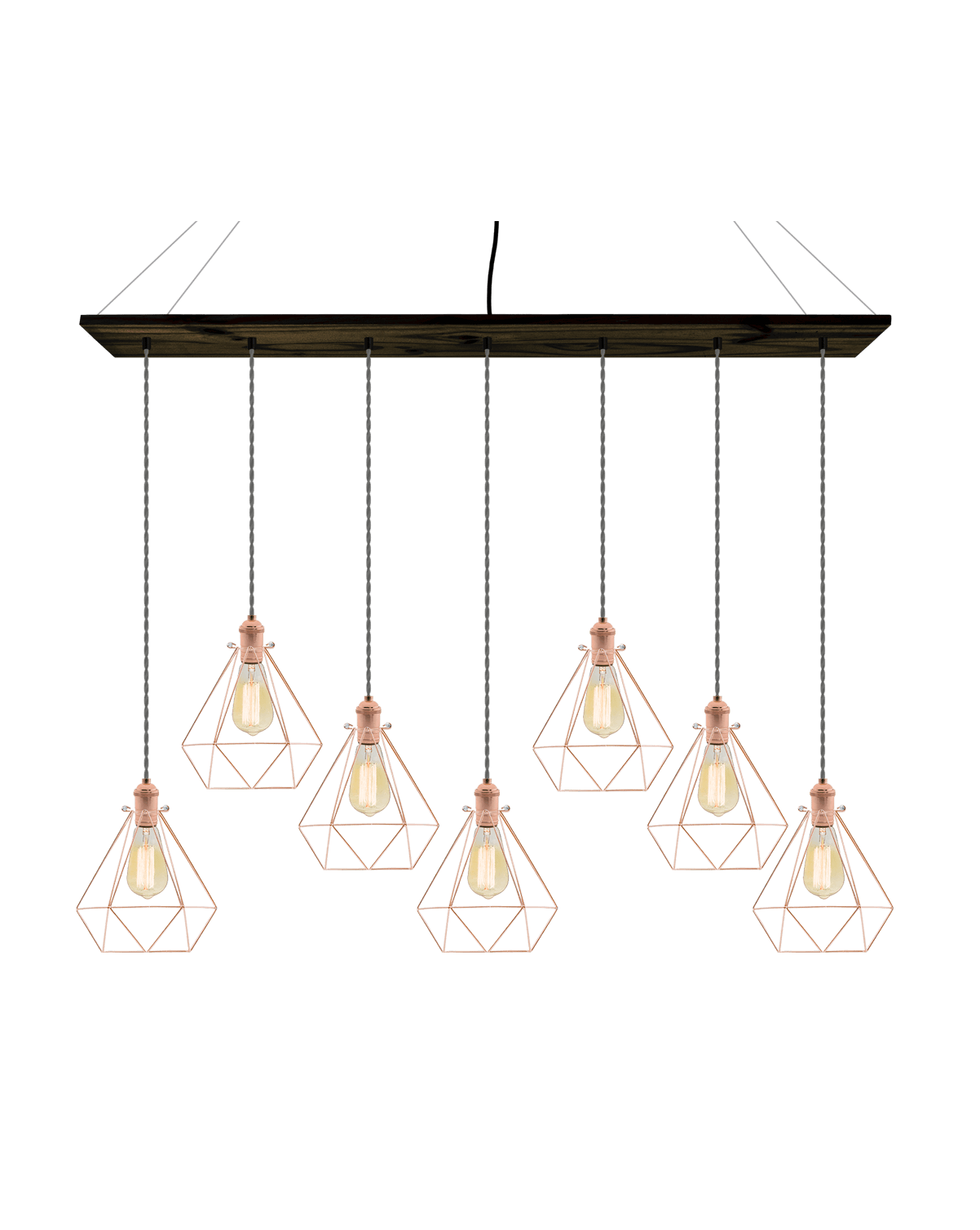47" x 9" Wood Chandelier: Ebony, Grey, and Copper Diamond Cages Hangout Lighting