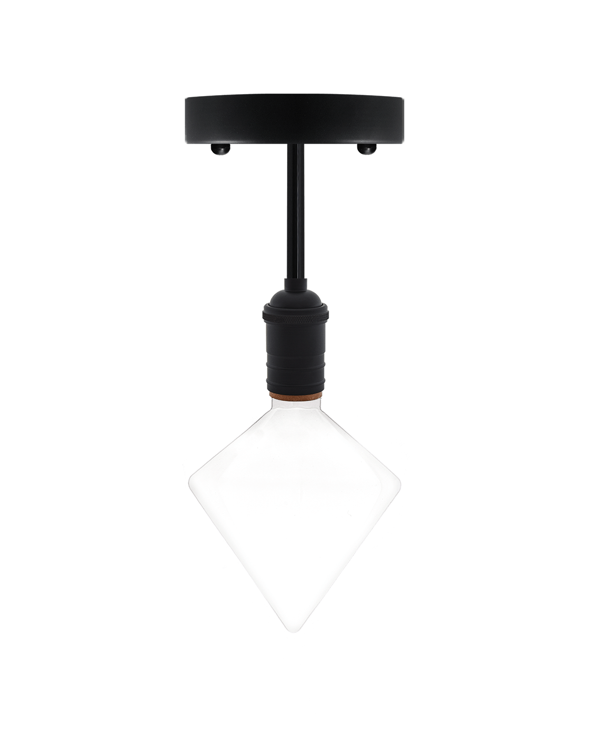 Semi-flush mount light fixture with a black base and a unique diamond-shaped bulb.