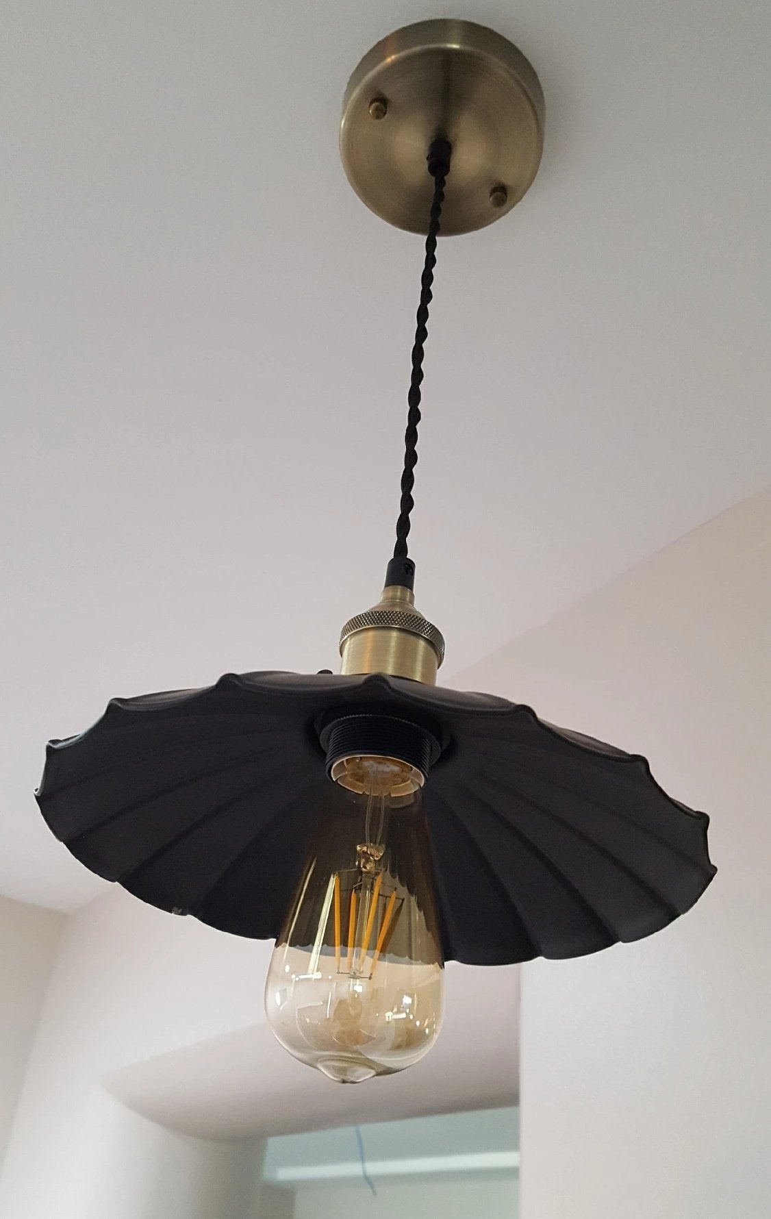 vintage antque brass pendant light with ruffle shade and edison bulb
