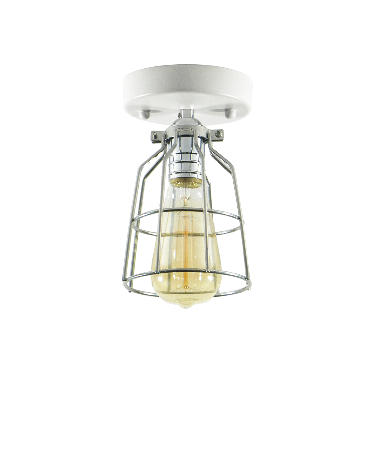 Flush mount light fixture with a white base, chrome metal cage, and an exposed filament bulb.