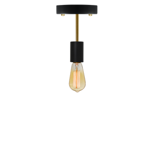 Semi-flush mount light fixture with a black base, gold stem, and an exposed filament bulb.