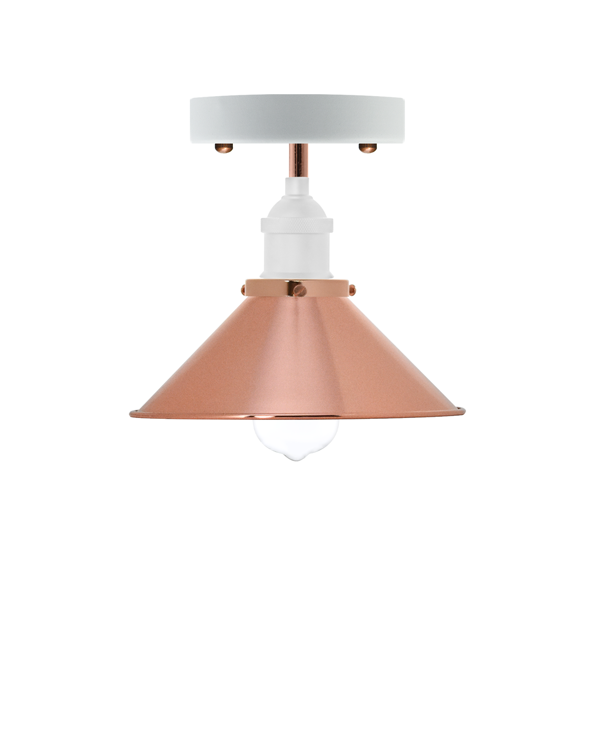 Semi-flush mount light fixture with a white base, copper metal shade, and an exposed bulb.