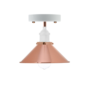Semi-flush mount light fixture with a white base, copper metal shade, and an exposed bulb.