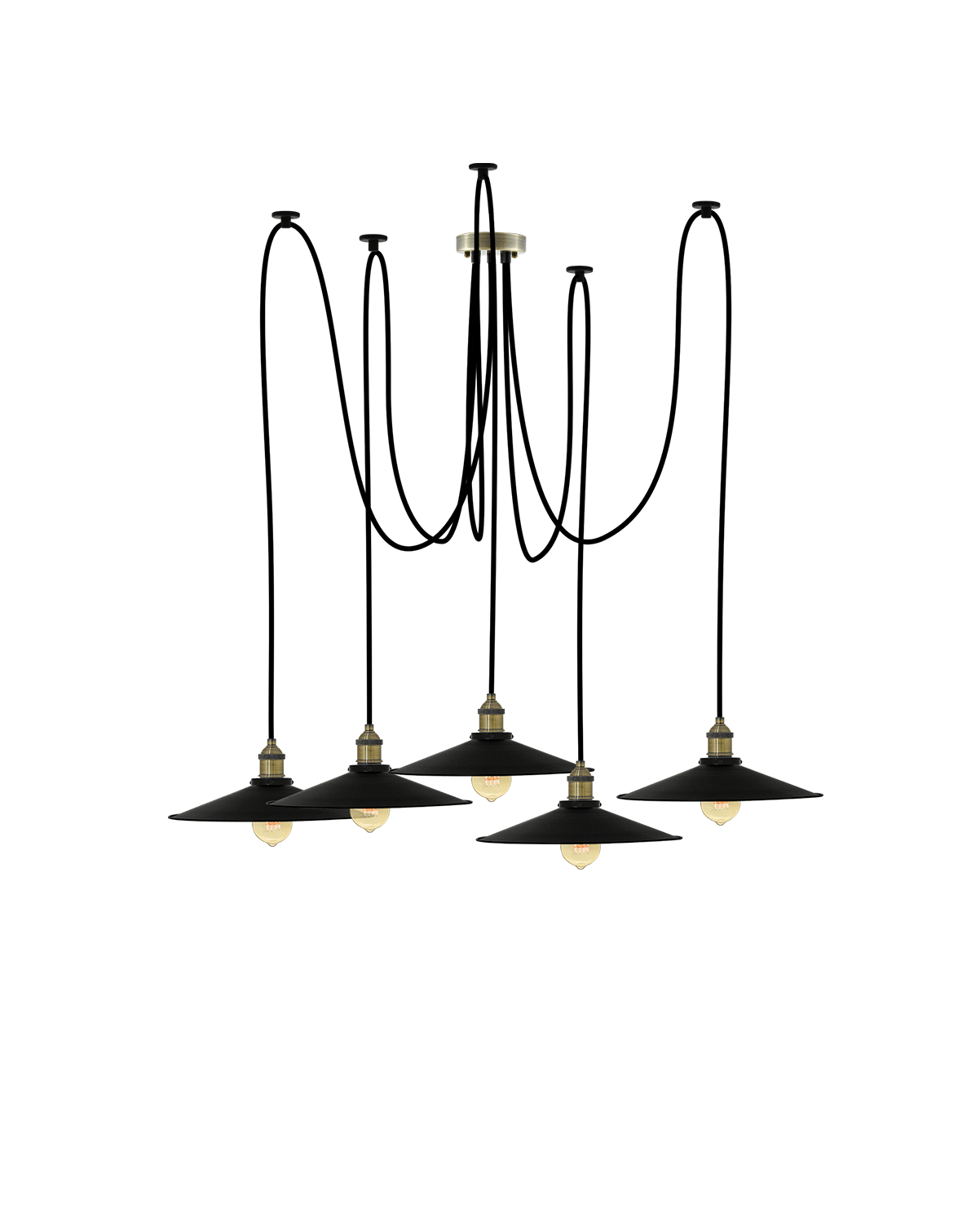 Swag Chandelier: Black and Large Black Flat Shades Hangout Lighting 5 Swag