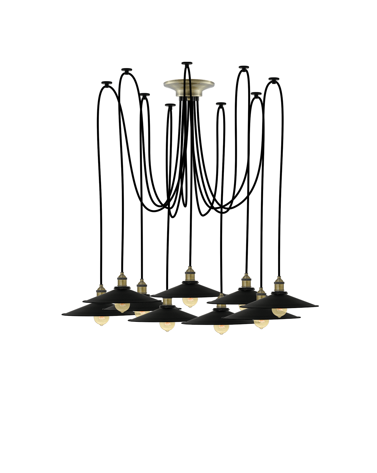 Swag Chandelier: Black and Large Black Flat Shades Hangout Lighting 9 Swag