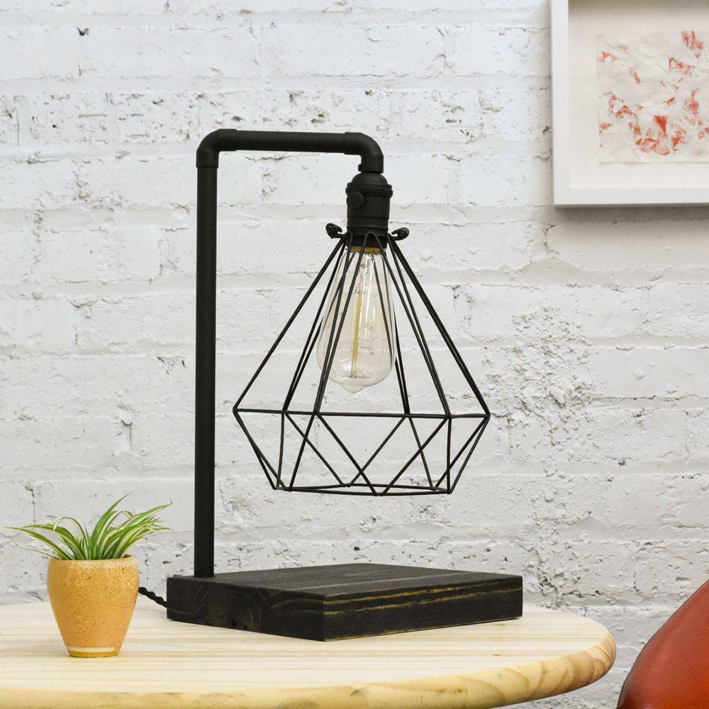Table Lamp: Black Geometric Cage Industrial Edison Desk Lamp Hangout Lighting