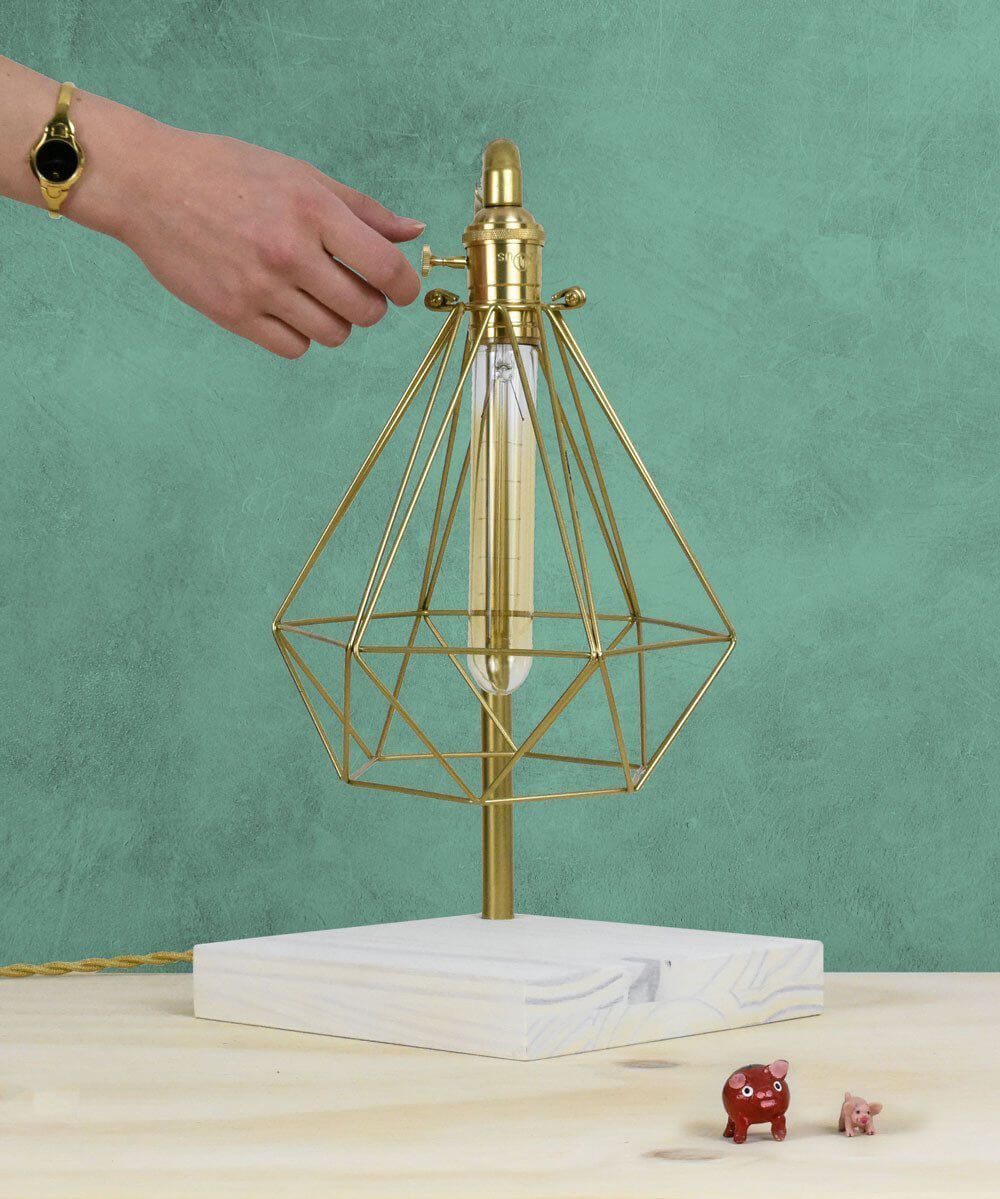 Table Lamp: Brass Pipe with Geometric Diamond Cage and White Wood Base Hangout Lighting