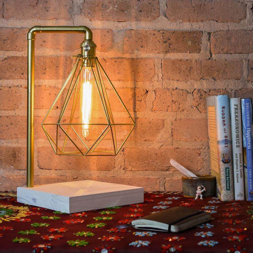 Table Lamp: Brass Pipe with Geometric Diamond Cage and White Wood Base Hangout Lighting
