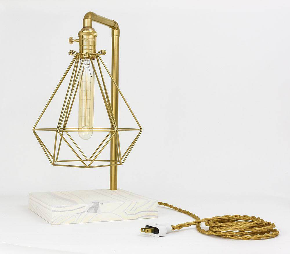 Table Lamp: Brass Pipe with Geometric Diamond Cage and White Wood Base Hangout Lighting