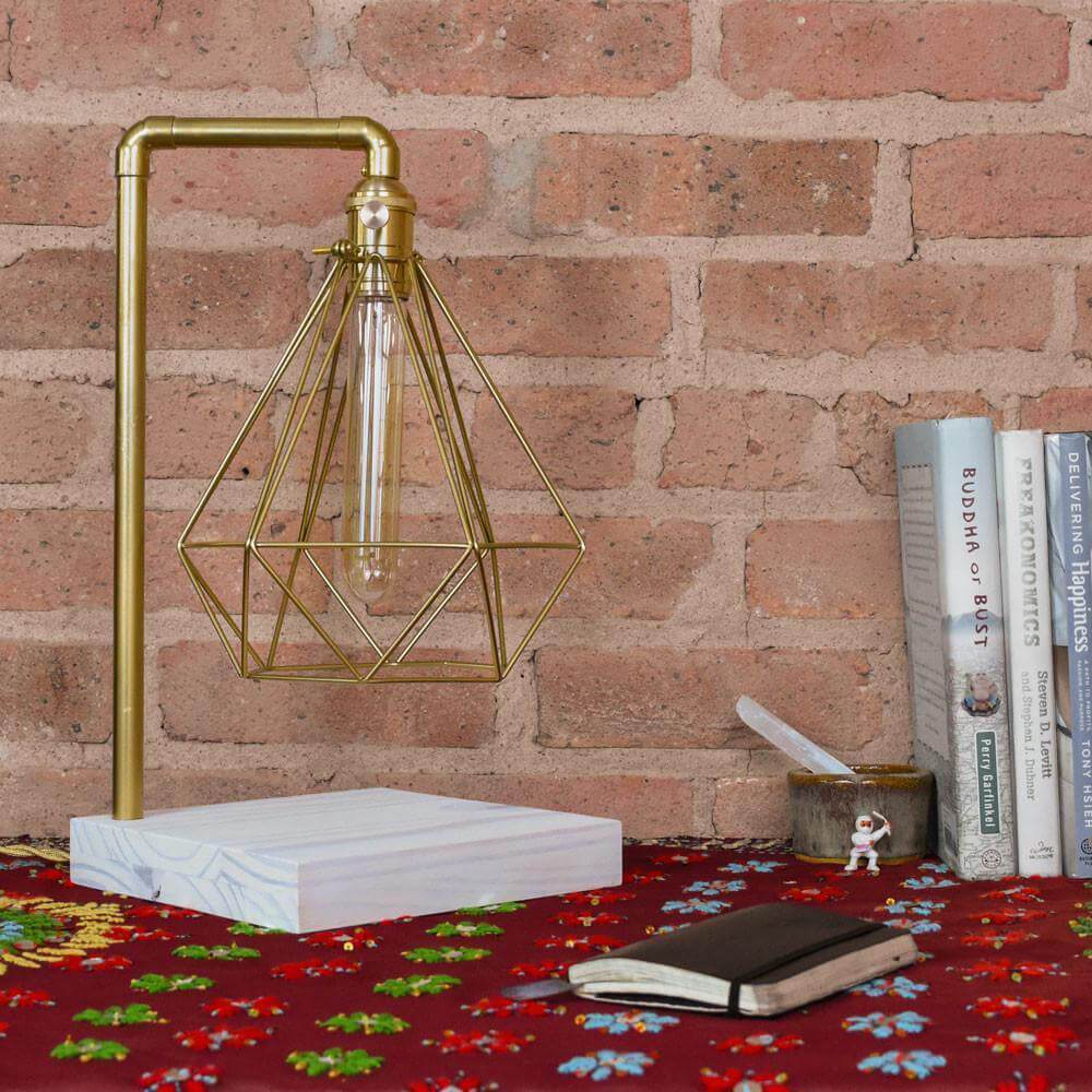 Table Lamp: Brass Pipe with Geometric Diamond Cage and White Wood Base Hangout Lighting