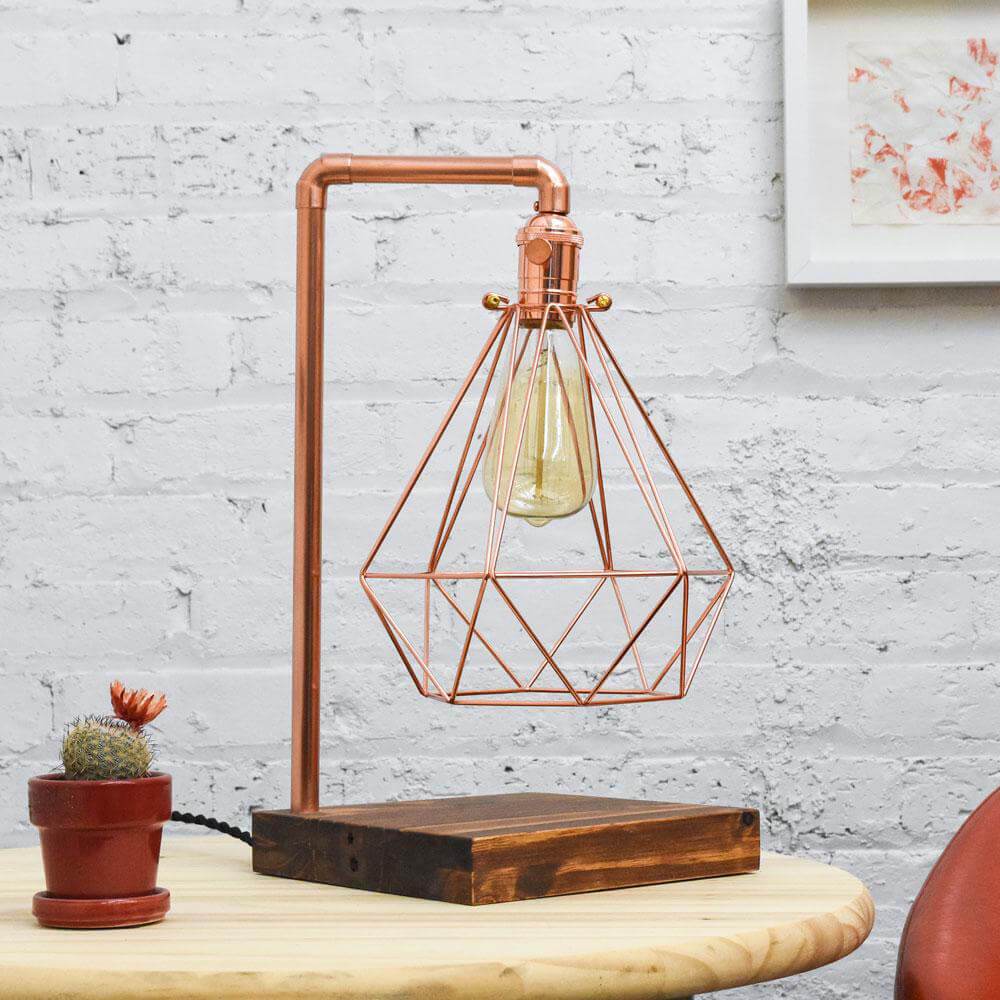 Table Lamp: Copper Pipe and Geometric Diamond Cage with Wood Base Hangout Lighting