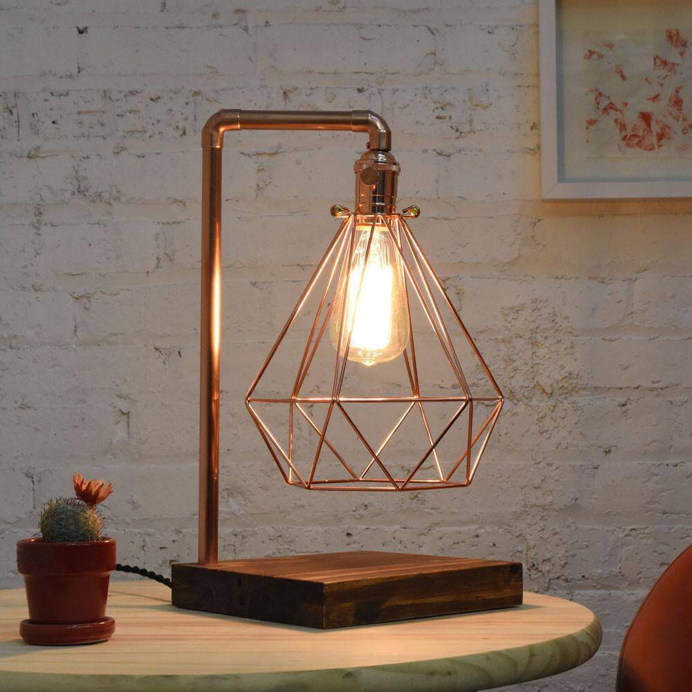 Table Lamp: Copper Pipe and Geometric Diamond Cage with Wood Base Hangout Lighting