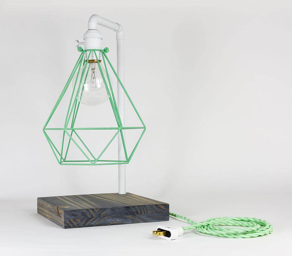 Table Lamp: White Pipe with Mint Geometric Diamond Cage and Wood Base Hangout Lighting