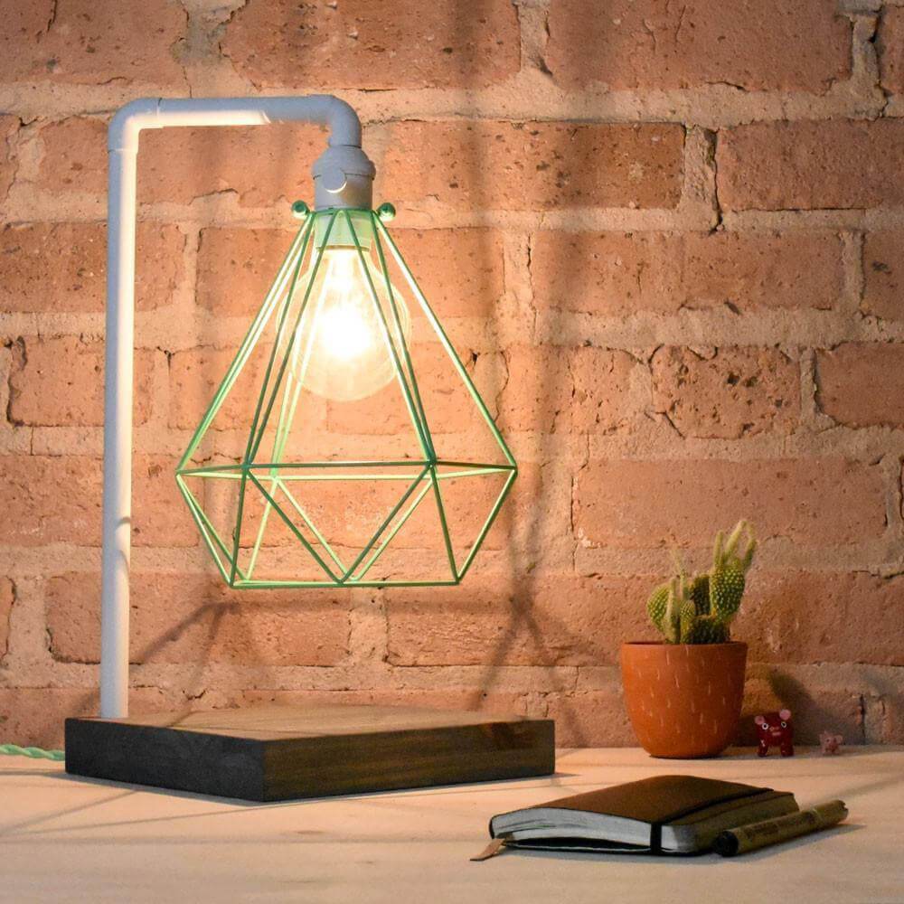Table Lamp: White Pipe with Mint Geometric Diamond Cage and Wood Base Hangout Lighting
