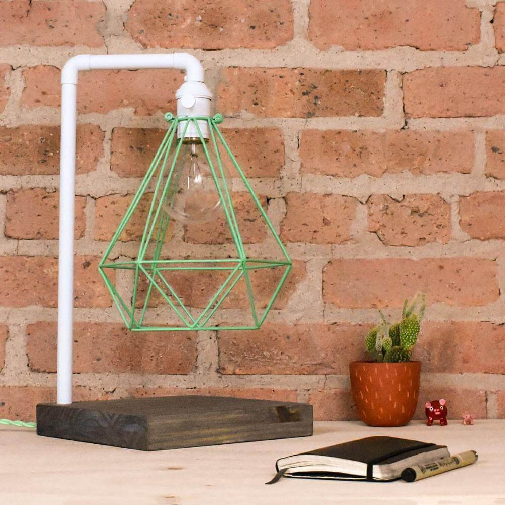 Table Lamp: White Pipe with Mint Geometric Diamond Cage and Wood Base Hangout Lighting