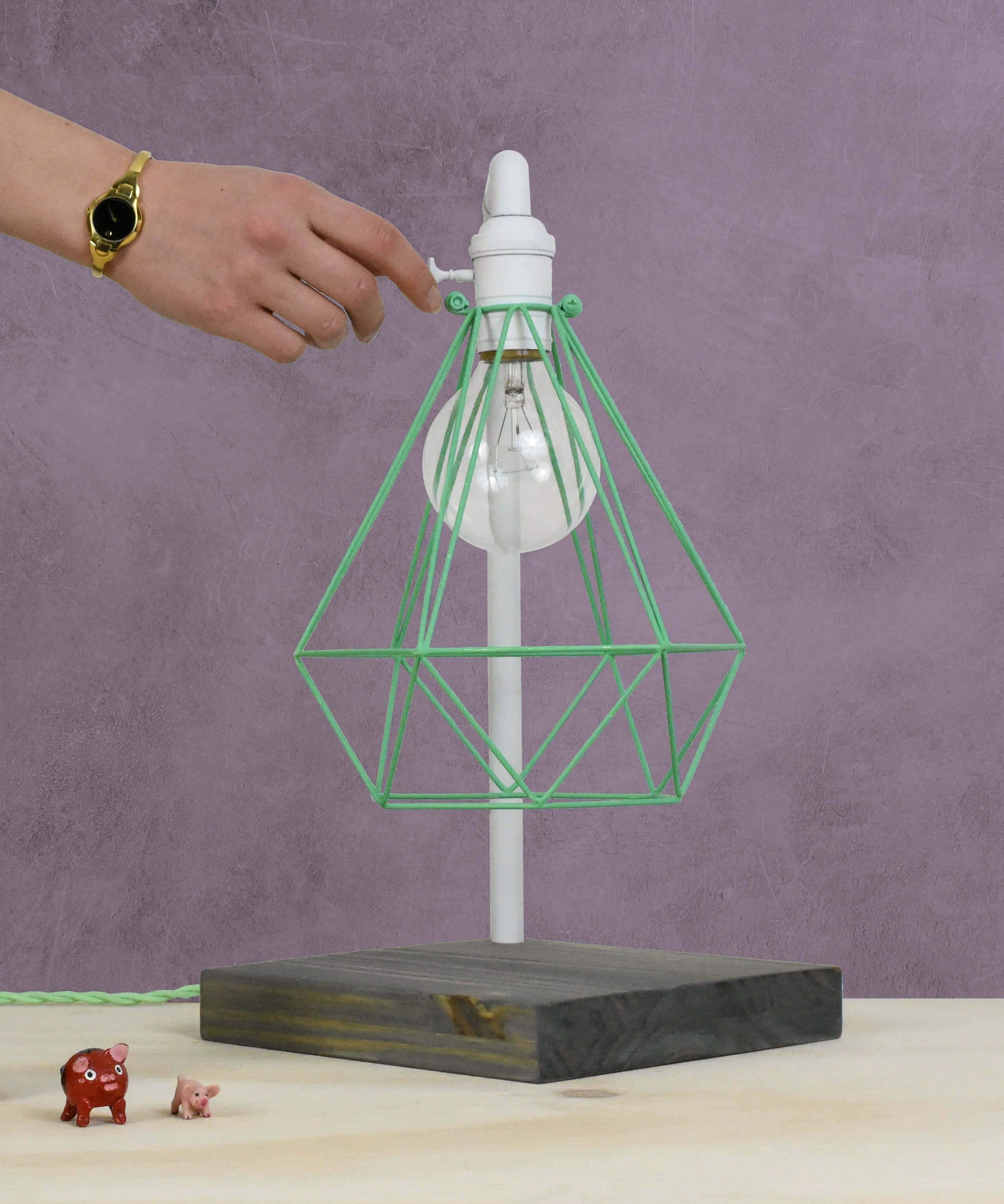 Table Lamp: White Pipe with Mint Geometric Diamond Cage and Wood Base Hangout Lighting