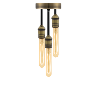 Semi-flush mount light fixture with a brass base and three hanging exposed filament bulbs.