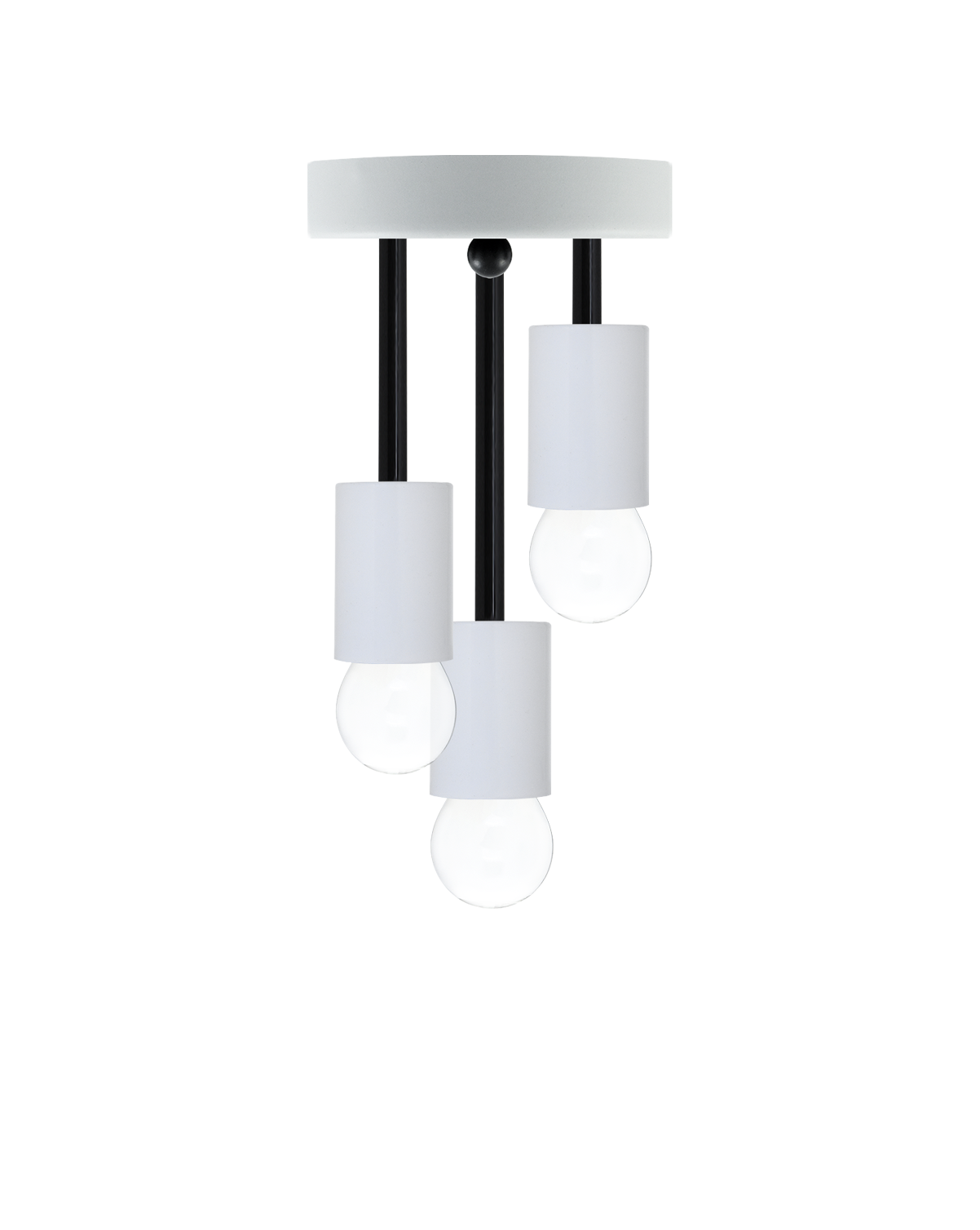 Semi-flush mount light fixture with a white base, three hanging bulbs with matching white cylindrical housings, and black stems.