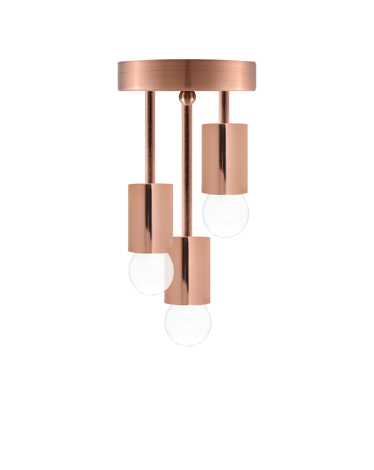 Semi-flush mount light fixture with a rose gold base and three hanging bulbs with matching rose gold cylindrical housings.