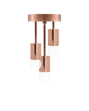 Semi-flush mount light fixture with a rose gold base and three hanging bulbs with matching rose gold cylindrical housings.