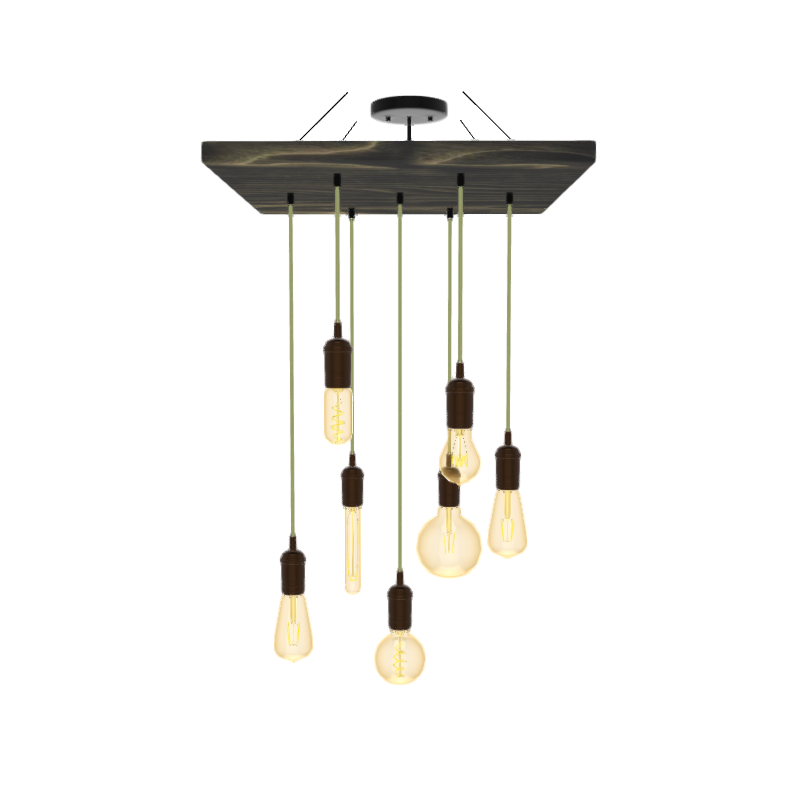 18" Square Wood Chandelier: Green Tweed with Amber Globes
