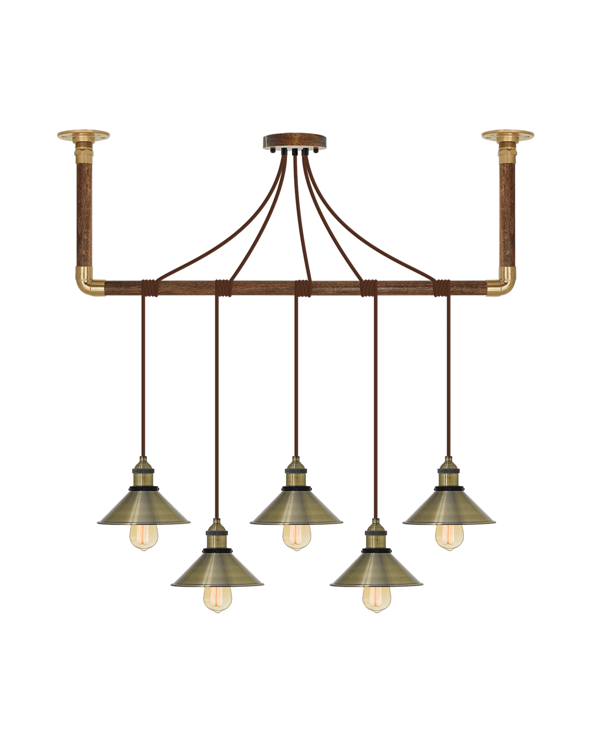 Wrap Chandelier: Brown and Antique Brass Shades Hangout Lighting 5 Pendants