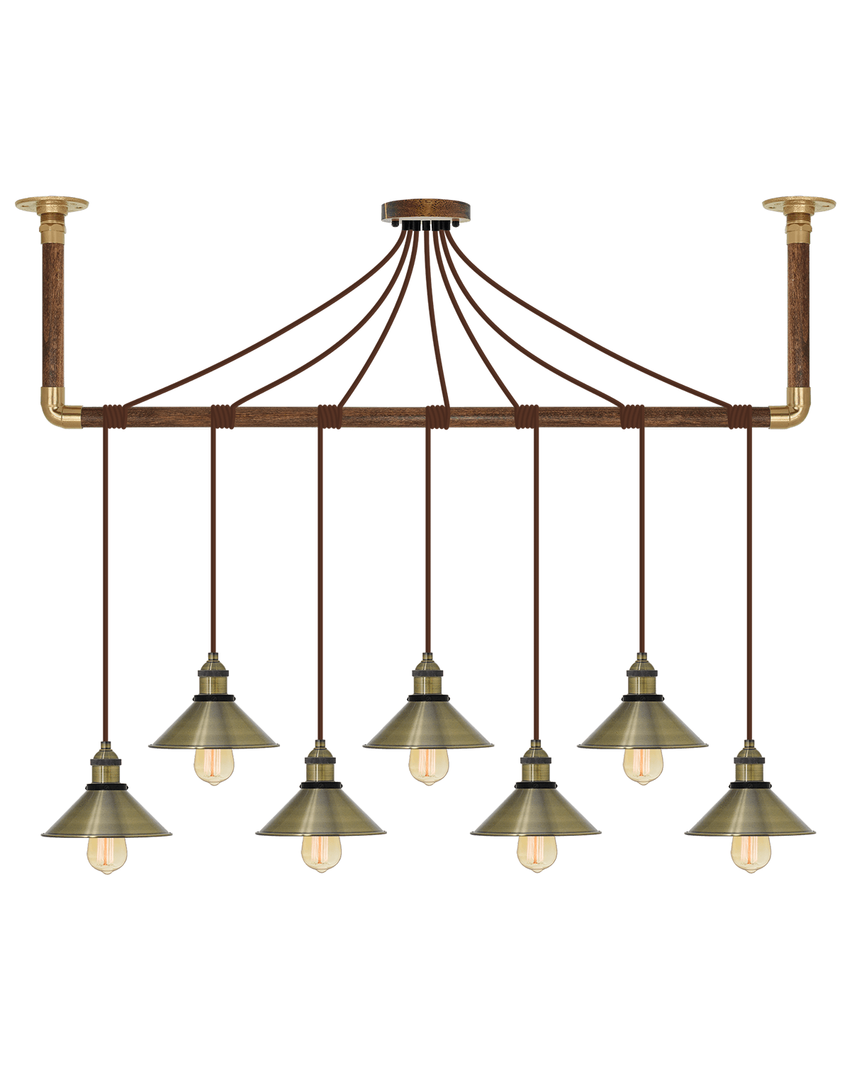 Wrap Chandelier: Brown and Antique Brass Shades Hangout Lighting 7 Pendants