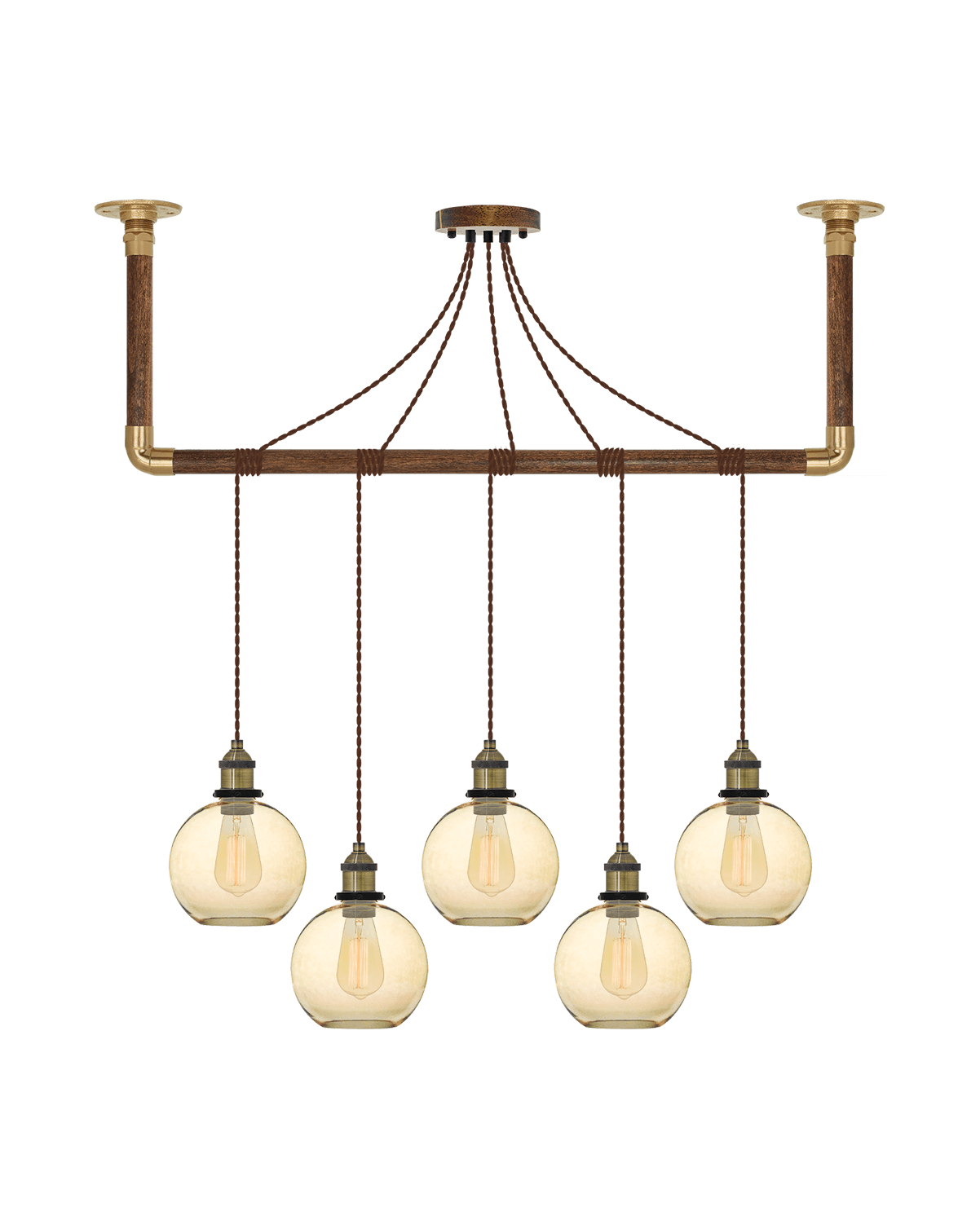 Wrap Chandelier: Brown, Brass and Amber Glass Shade Hangout Lighting 5 Pendants