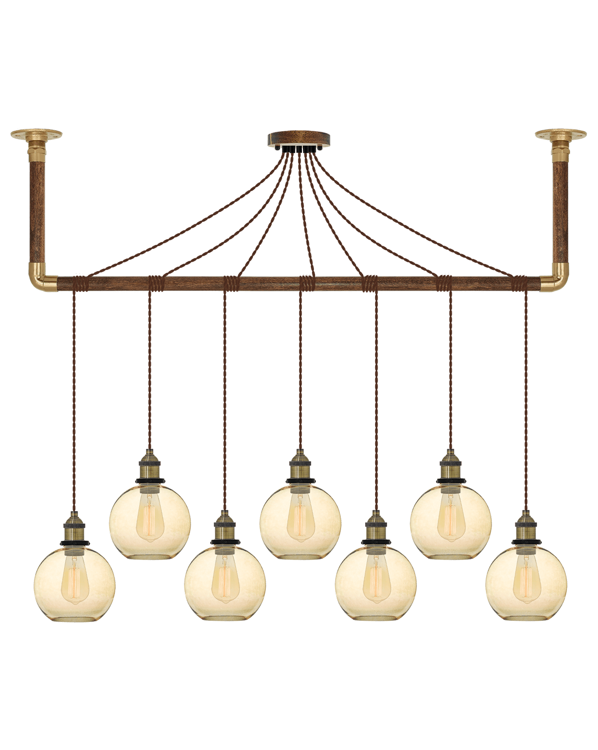 Wrap Chandelier: Brown, Brass and Amber Glass Shade Hangout Lighting 7 Pendants