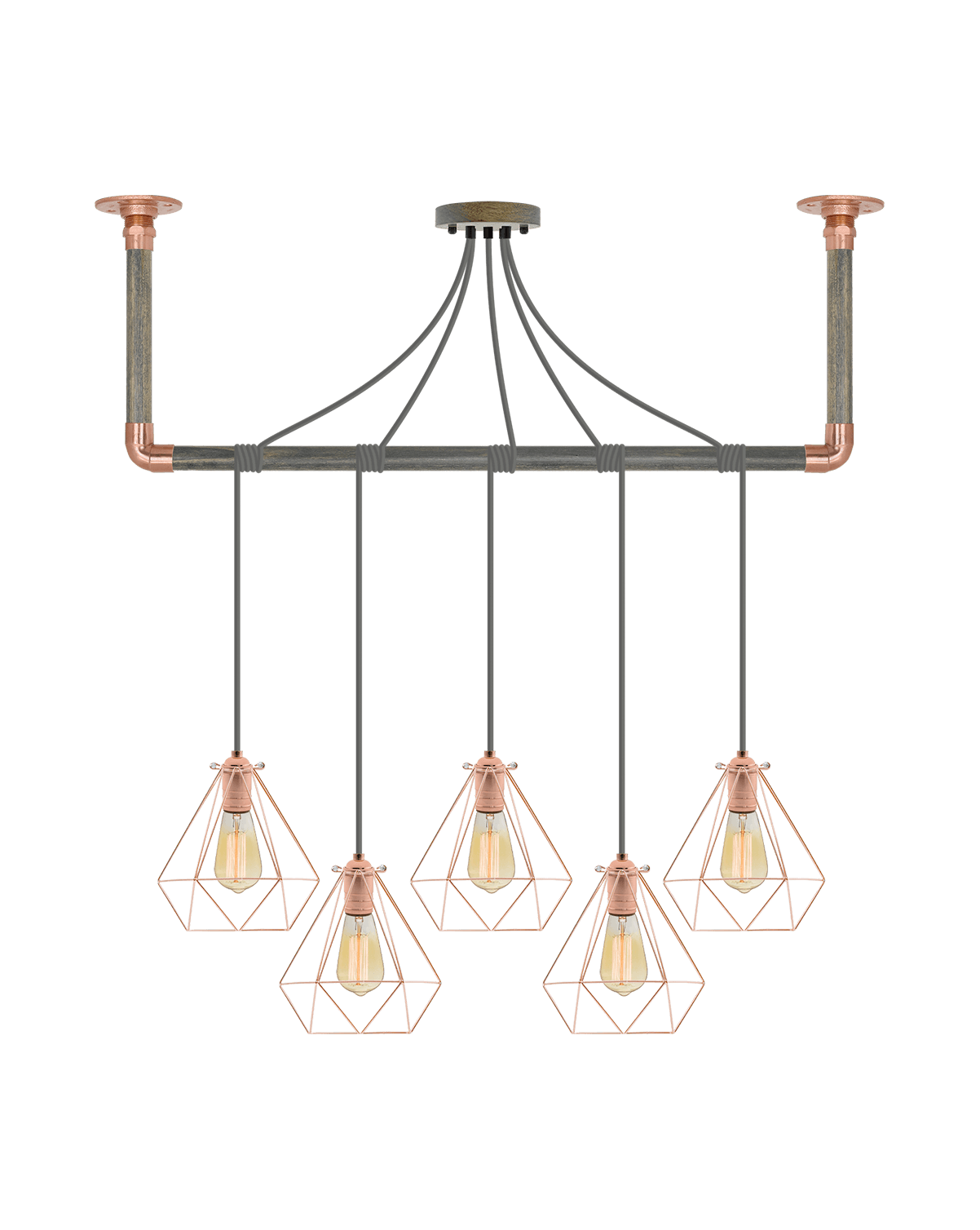 Wrap Chandelier: Grey, Copper and Copper Geometric Shade Hangout Lighting 5 Pendants