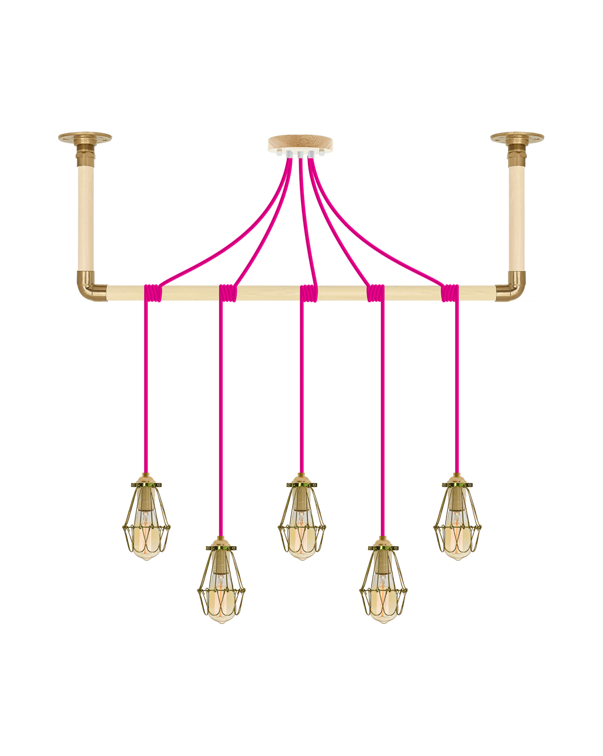 Wrap Chandelier: Pink and Brass Cage Hangout Lighting 5 Pendants
